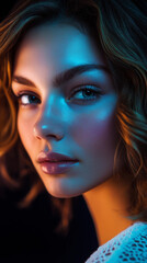 Close-up of a woman’s face illuminated by neon blue and pink lights, creating bold contrasts and an edgy, futuristic vibe the vibrant colors reflect off her smooth skin