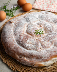 Ensaimada from Mallorca, a typical Balearic dessert. Round cake made of butter and sugar filled with angel hair.
