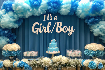Elegant Indoor Baby Shower Setup With A Large "It's A Girl/Boy" Banner, Floral Centerpieces, And Themed Table Settings, Creating A Warm And Inviting Environment For Guests
