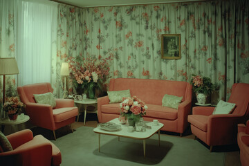 Fototapeta premium Elegant 1950s Living Room With Vintage Furniture, Patterned Wallpapers, And Pastel-Colored Accents, All Set Against A Warm, Inviting Background