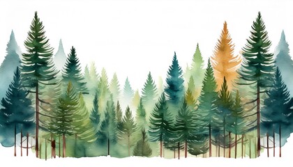Fototapeta premium Vibrant watercolor depiction of a textured pine forest with layers of overlapping trees, showcasing depth and natural beauty through hand-drawn artistry