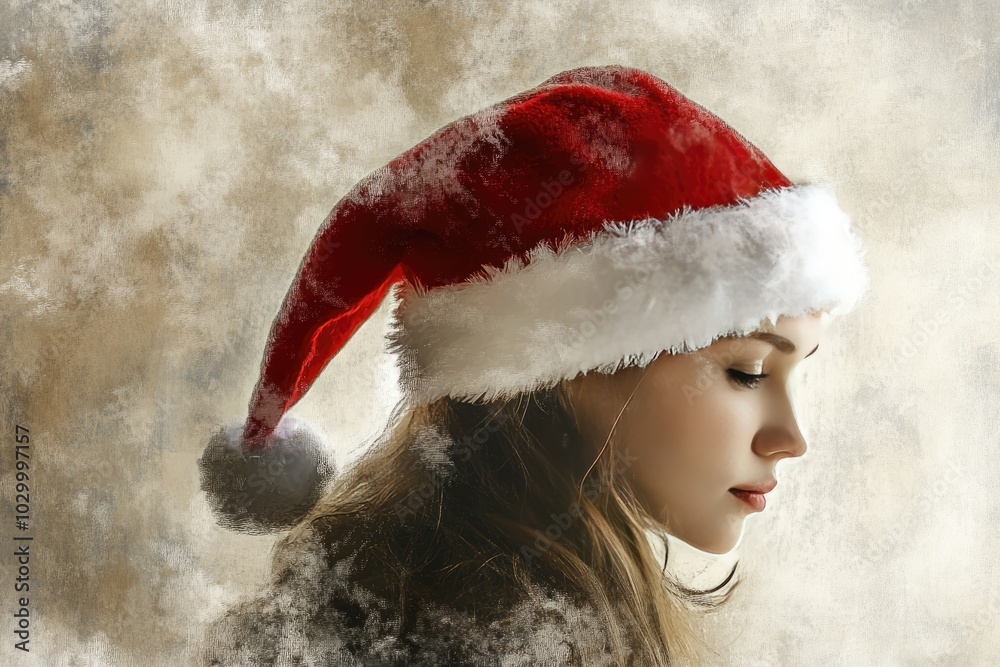 Sticker Woman in a Red and White Santa Hat with a Frosted Background