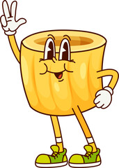 Italian pasta Ditalini groovy childish character. Italy cuisine menu classic noodle dish groovy character, Italian restaurant meal or Ditalini tasty pasta cartoon funky isolated vector cute mascot