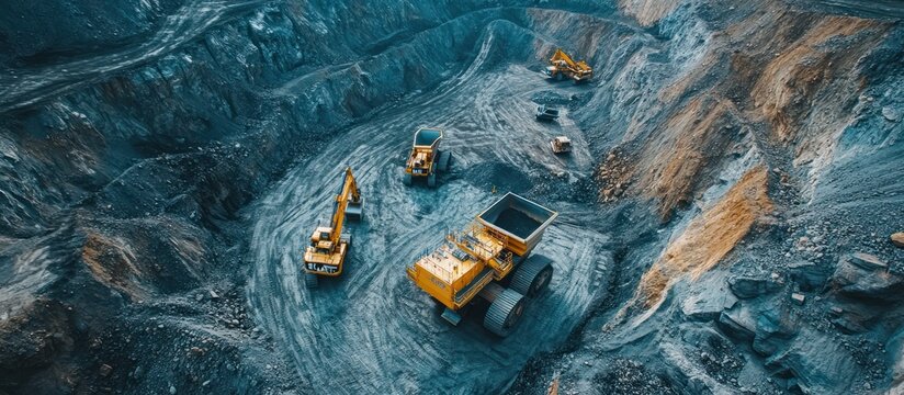 Aerial view of a mining operation with several heavy duty vehicles working on a large scale project.