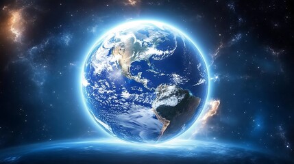 Fototapeta premium Earth from space with a bright glow around it, perfect for use as a background or wallpaper