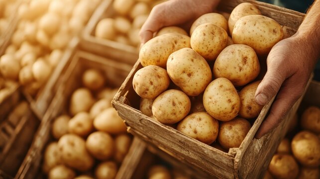Hands tenderly cradling a wooden crate filled with newly harvested potatoes, bathed in a warm, golden light, reflecting the rewards of agricultural toil and care.