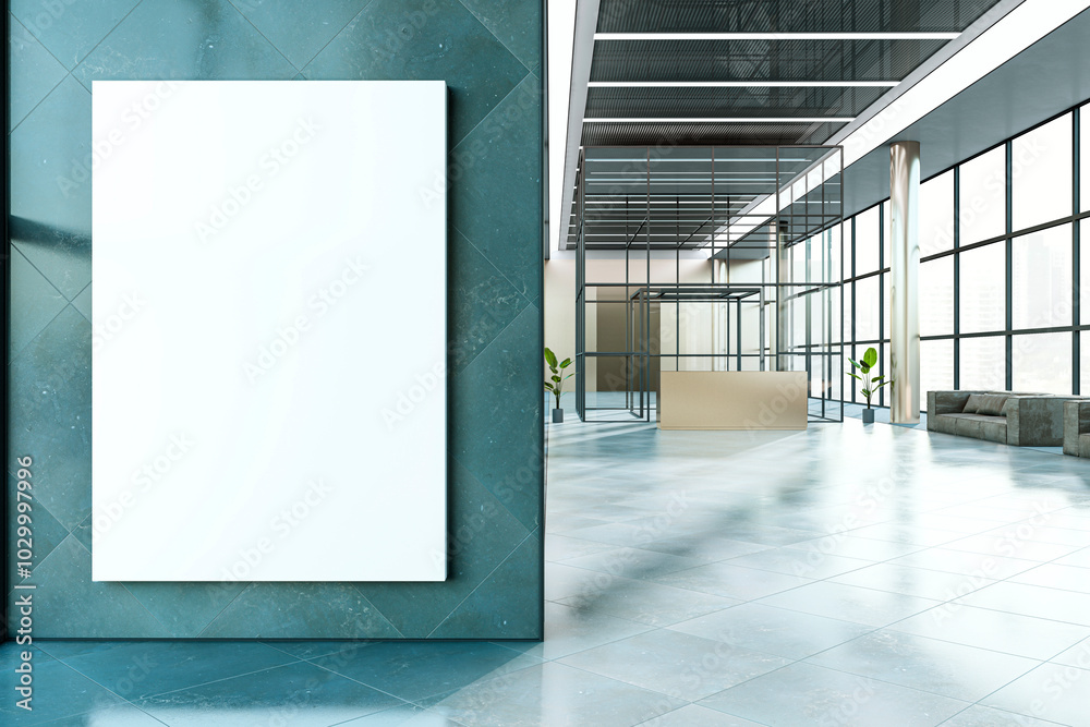 Poster modern office corridor with empty white mock up banner on wall, panoramic windows, city view, recept