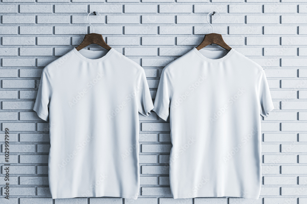 Aufkleber two empty white t-shirts on brick wall background. mock up place, advertisement concept. 3d renderin
