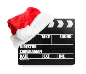 Movie clapper with Santa hat on white background