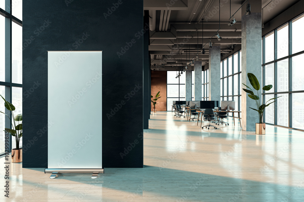 Poster Modern office interior with furniture, panoramic windows with city view, empty white mock up roll up frame on wall. 3D Rendering.