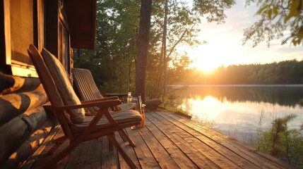 The golden glow of sunset illuminates a peaceful lake scene from a rustic wooden deck with two cushioned chairs beside a cozy cabin, surrounded by nature’s beauty.