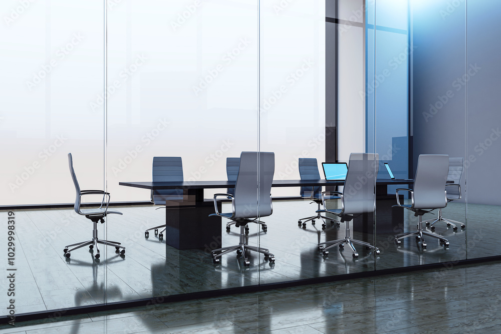 Poster clean meeting room interior with panoramic windows, city view and mock up place. 3d rendering.