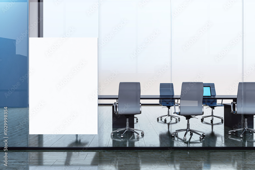 Poster modern meeting room interior with panoramic windows, city view and empty white mock up poster. 3d re