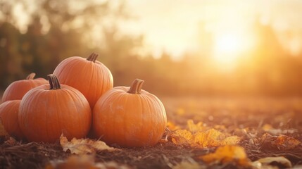 A serene scene of pumpkins resting on the ground, illuminated by the warm glow of autumn sunlight, with fallen leaves scattered around, capturing the essence of fall.
