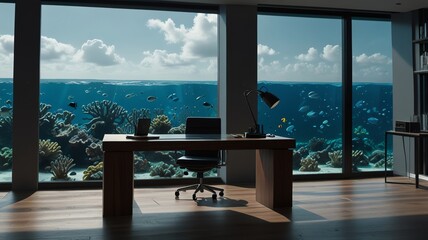 a room with a large aquarium and a large window with fish swimming in it.