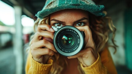 A portrait of a focused photographer peering through a camera lens in an outdoor setting, depicting creativity and dedication with a touch of exploration and spontaneity.