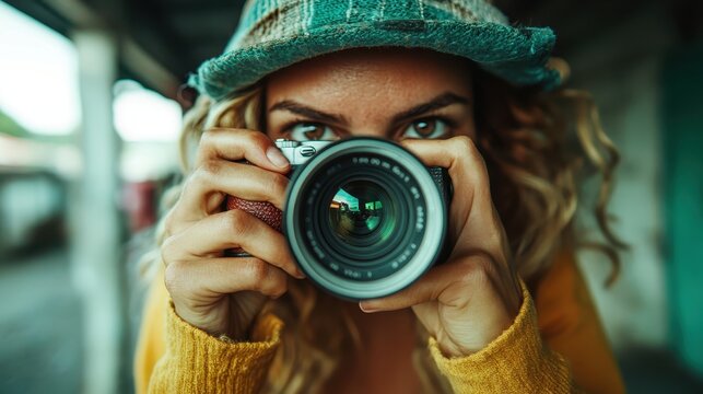 A portrait of a focused photographer peering through a camera lens in an outdoor setting, depicting creativity and dedication with a touch of exploration and spontaneity.
