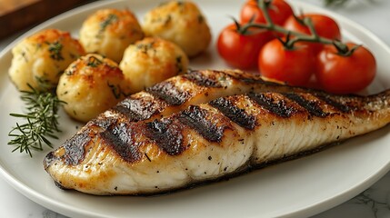 Fresh grilled sea bass with tomatoes and potato balls served on a white plate.