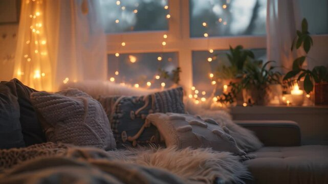 A soft glow of fairy lights illuminates a cozy living room scene, with a window offering a glimpse of a twilight sky, Soft glow of fairy lights illuminating a cozy scene