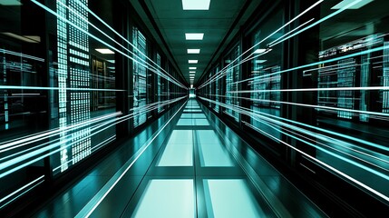 Obraz premium A corridor of servers in a data center with blue light streaks depicting the speed of data transfer Subtle Blur Background with Space for Custom Text