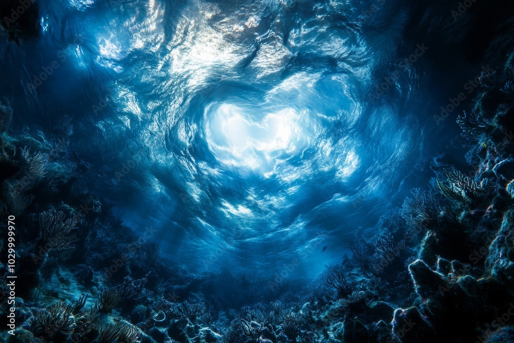 Poster wide-angle view of surreal underwater worlds blending with impressionist swirls, rich shadows play a