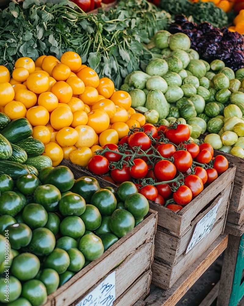 Canvas Prints Fresh produce arranged in wooden crates at a market.