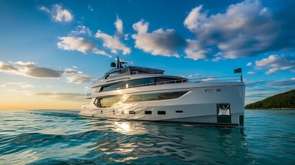 Photo of a Luxurious Yacht Sailing in Calm Turquoise Waters Under a Bright Sky with a Golden Sunset Glow