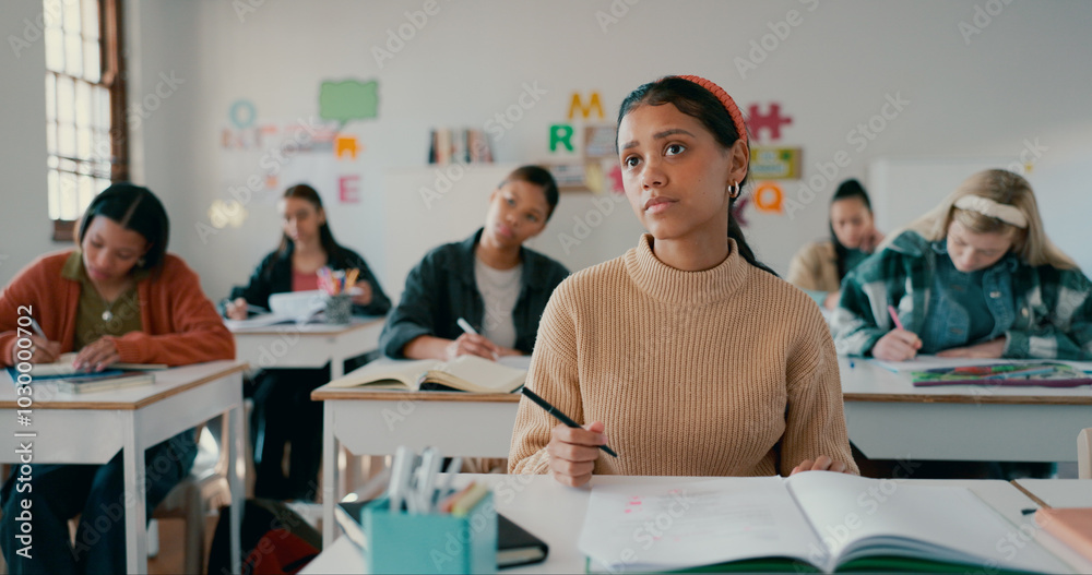 Poster notebook, thinking and education with girl in classroom for learning, entrance exam and scholarship.