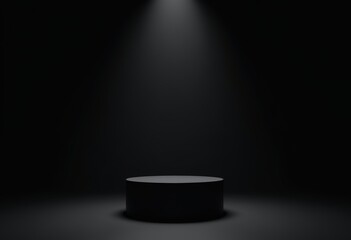 Black pedestal illuminated by a subtle spotlight in a dark room
