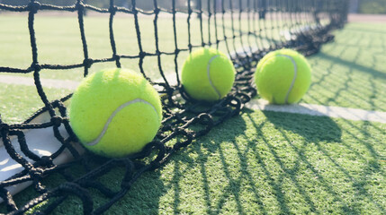 Closeup of the tennis ball on the net