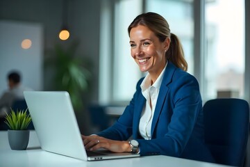 Fototapeta premium Happy busy mature business woman entrepreneur in office using laptop at work, smiling professional middle aged female company executive manager working looking at computer at workplace