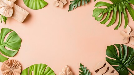 Tropical Leaf and Wooden Flower Arrangement on Peach Background Minimalist White Background with Space for Text