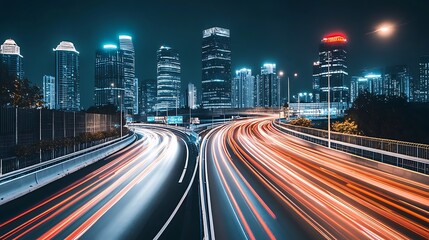Cityscape with Light Trails on a Highway in the Night Blank Background with Copy Space for Design Projects