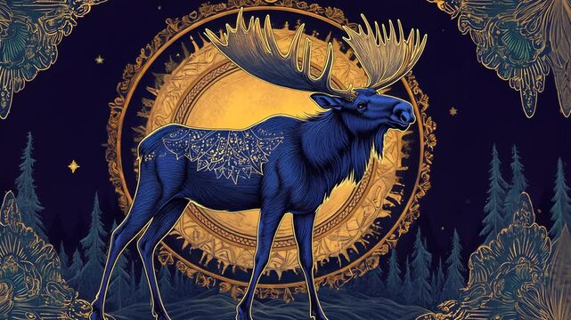 A blue moose stands in front of a golden sun in a forest setting