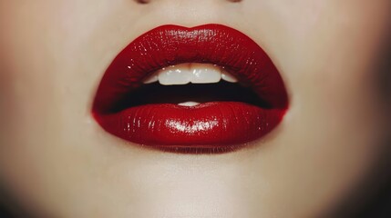 Obraz premium Sexy Lips. Glossy and seductive Lips. Woman’s lips applying bright red lipstick. Beautiful woman lips. Glossy Lips.