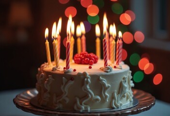 A beautifully decorated cake with lit candles, adorned with red berries, sits on a stand. The background is softly blurred with colorful bokeh lights, adding warmth and festivity