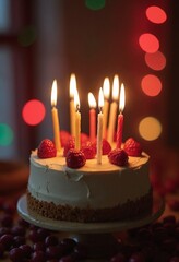 A beautifully decorated cake with lit candles, adorned with red berries, sits on a stand. The background is softly blurred with colorful bokeh lights, adding warmth and festivity