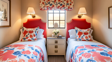 Cozy Twin Beds with Shared Nightstand in Bright Bedroom