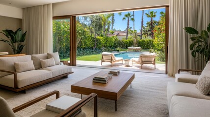 Fototapeta premium Stylish modern living room with open folding doors revealing a lush garden, perfect for summer relaxation.