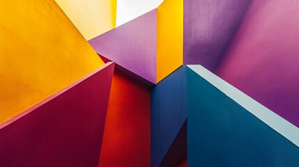 Colorful geometric shapes arranged in an abstract pattern, captured from a flattened vantage point. 