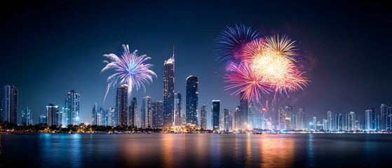 Obraz premium Vibrant Fireworks Bursting Over Dramatic Cityscape on New Year s Eve