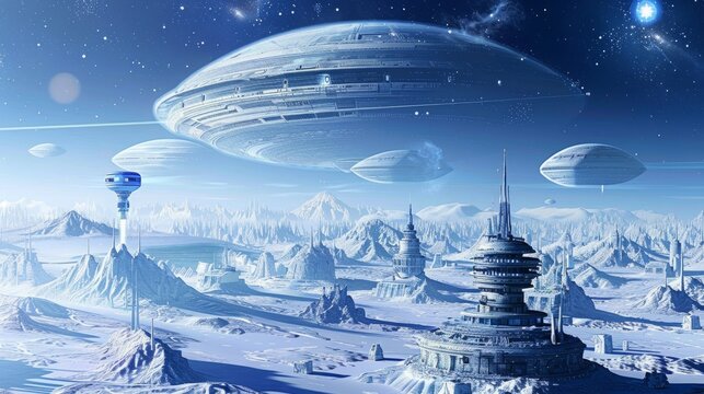 Futuristic spacescape with floating cities and snowy alien terrain. Concept of Science Fiction Day