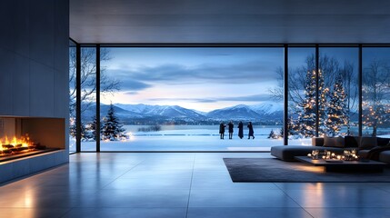 Fototapeta premium Cozy New Year s Party in a Luxurious Living Room with Scenic Winter Landscape