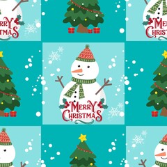seamless pattern with christmas trees, gifts and snowman on the background of christmas trees, christmas decorations and christmas tree. vector illustration for your design