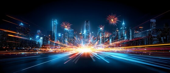 Obraz premium Mesmerizing Fireworks Explosion Above a Bustling Metropolitan Cityscape with Vibrant Neon Lights and Modern Skyscrapers