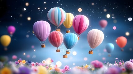 Fototapeta premium Aerial Dance of Vibrant Balloons Over Dreamlike Countryside Landscape