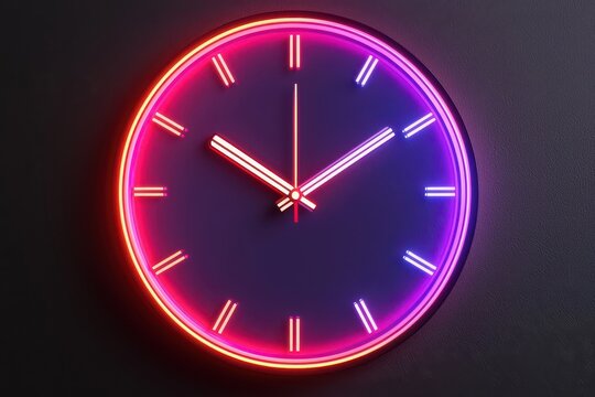 A sleek modern digital clock featuring vibrant glowing neon hands against a dark backdrop for a futuristic vibe.