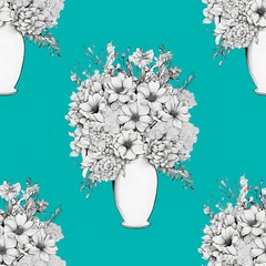 Seamless pattern with bouquets of flowers in vases . floral background on the blue background.