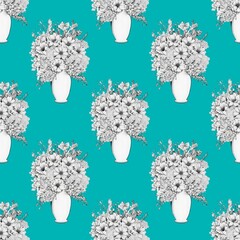 Seamless pattern with bouquets of flowers in vases on blue background