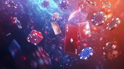 A vibrant, abstract image of playing cards, dice, and poker chips, all falling through a dramatic blue and red background.